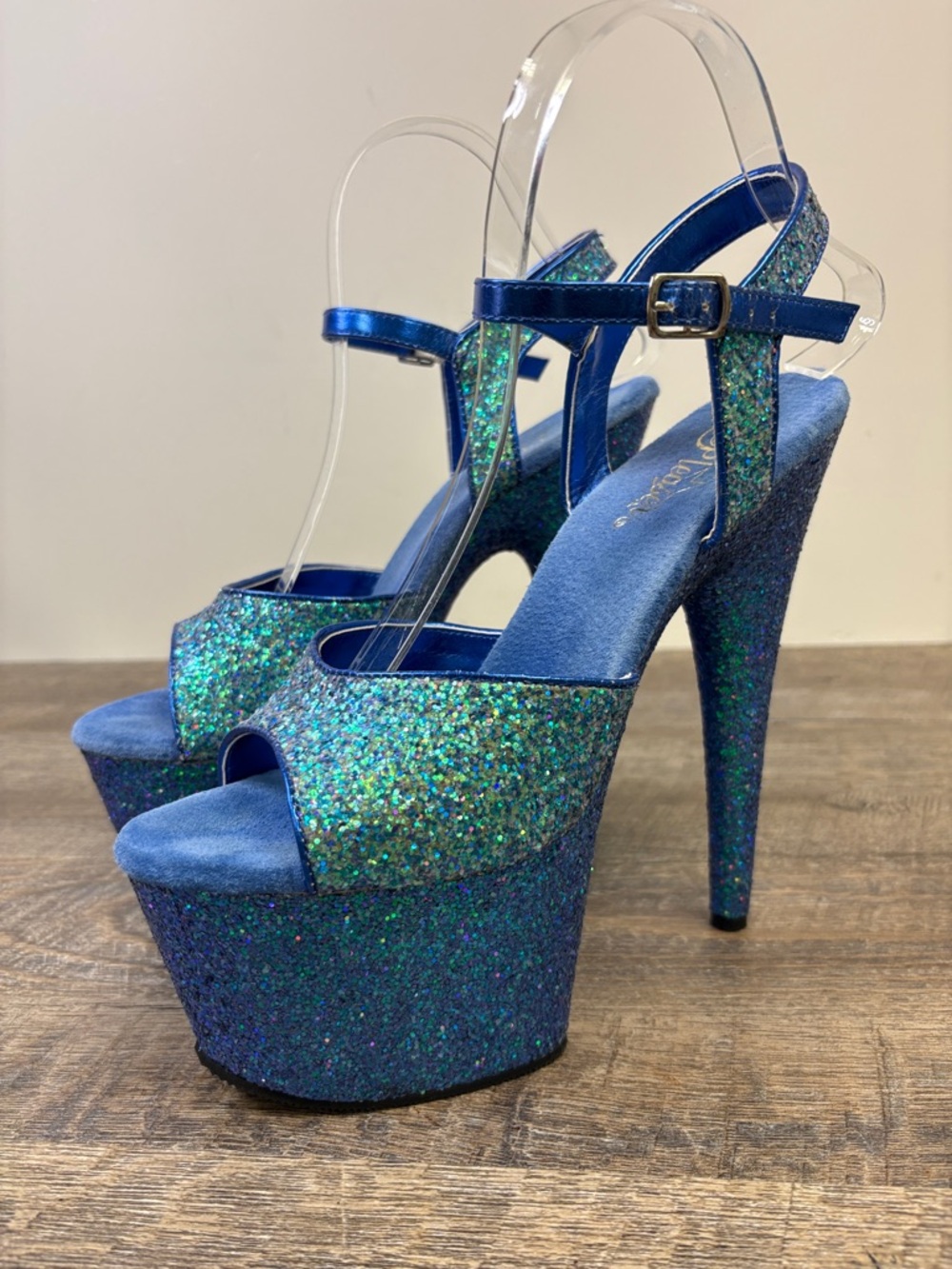 Pleaser Adore 710LG Blue Glitter Platform Heels Size 9